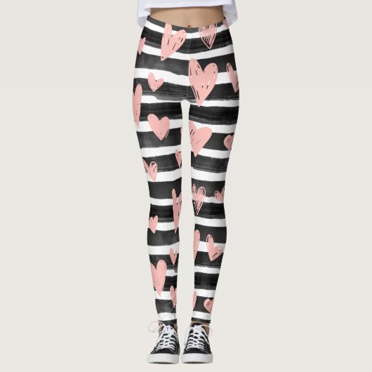 ハッピーバレンタインデーかわいいハートピンク白黒 レギンス (正面)