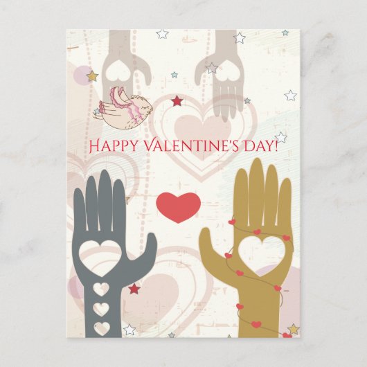 ハッピーバレンタインデーかわいい救済鳥の手 シーズンポストカード (正面)