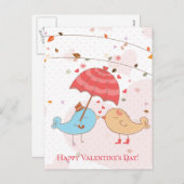 ハッピーバレンタインデーかわいい鳥のハート傘 シーズンポストカード (正面/裏面)