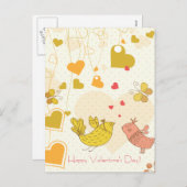 ハッピーバレンタインデーかわいい鳥のハート蝶 シーズンポストカード (正面/裏面)