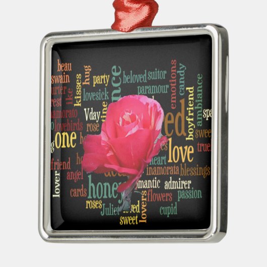 ハッピーバレンタインデーと赤エレガントいバラ メタルオーナメント (左)