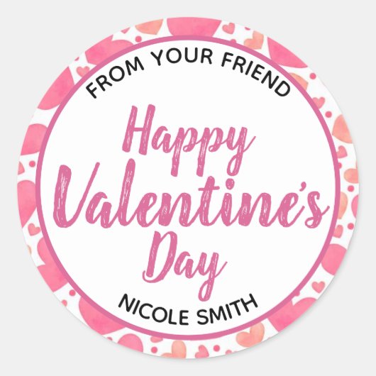 ハッピーバレンタインデーのピンク色のハート ラウンドシール (正面)