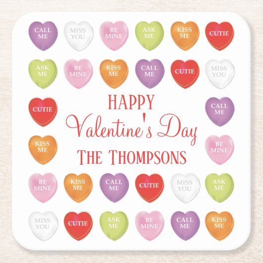 ハッピーバレンタインデーの会話ハート スクエアペーパーコースター (正面)