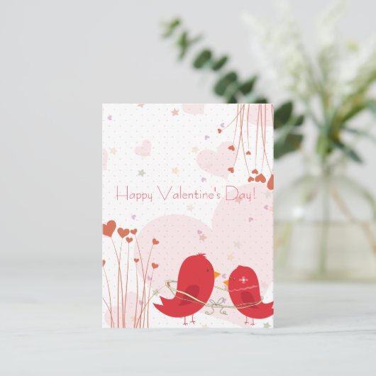 ハッピーバレンタインデーの赤い鳥のお洒落な郵便はがき シーズンポストカード (スタンド正面)