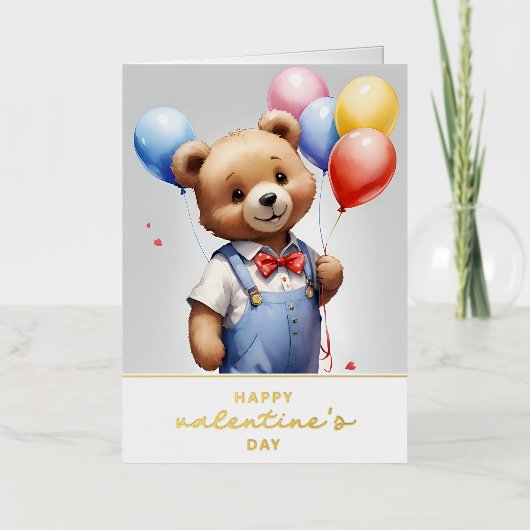 ハッピーバレンタインデーの風船付きかわいいクマ 箔シーズンカード (正面)