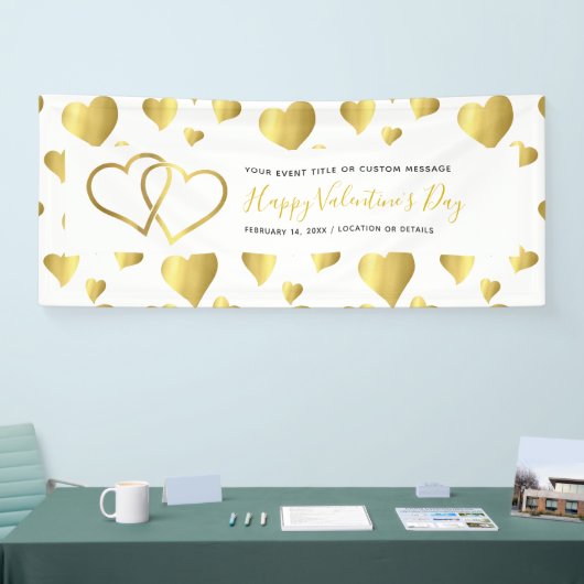 ハッピーバレンタインデーイベント金ゴールドハートバナー 横断幕 (トレードショー)