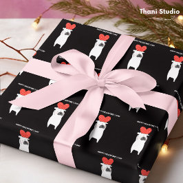 ハッピーバレンタインデーキュートプグ&赤いハートブラック ラッピングペーパー