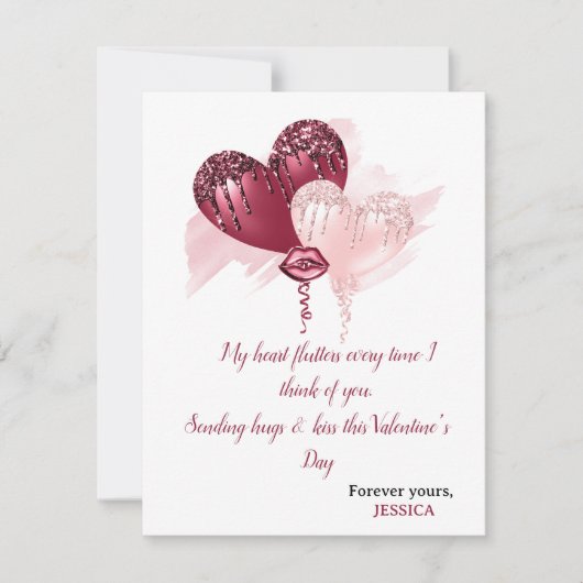 ハッピーバレンタインデーグリッター赤いハートリップキス シーズンカード (正面)