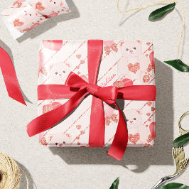 ハッピーバレンタインデーテディベア模様オンピンク ラッピングペーパー