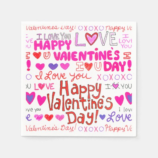 ハッピーバレンタインデードードルズパターン スタンダードカクテルナプキン (正面)