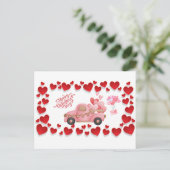 ハッピーバレンタインデーハートとピンクヴィンテージカー シーズンポストカード (スタンド正面)