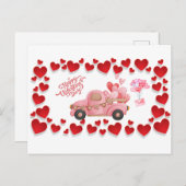 ハッピーバレンタインデーハートとピンクヴィンテージカー シーズンポストカード (正面/裏面)