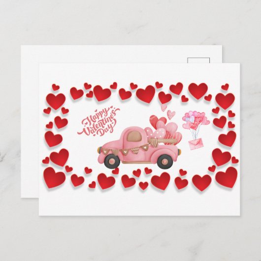 ハッピーバレンタインデーハートとピンクヴィンテージカー シーズンポストカード (正面/裏面)