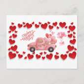 ハッピーバレンタインデーハートとピンクヴィンテージカー シーズンポストカード (正面)