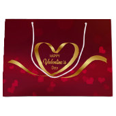 ハッピーバレンタインデーハート金ゴールドリボンレッド ラージペーパーバッグ (正面)