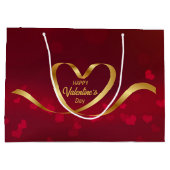 ハッピーバレンタインデーハート金ゴールドリボンレッド ラージペーパーバッグ (裏面)