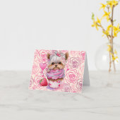 ハッピーバレンタインデーパピー犬カップケーキローズ カード (黄色い花)