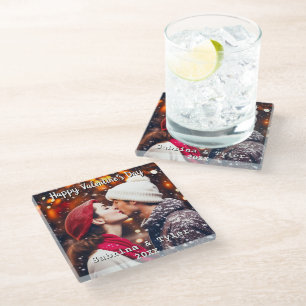 ハッピーバレンタインデーパーソナライズされたの写真と名前 ガラスコースター