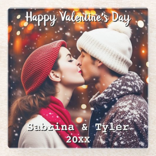 ハッピーバレンタインデーパーソナライズされたの写真と名前 ガラスコースター (正面)