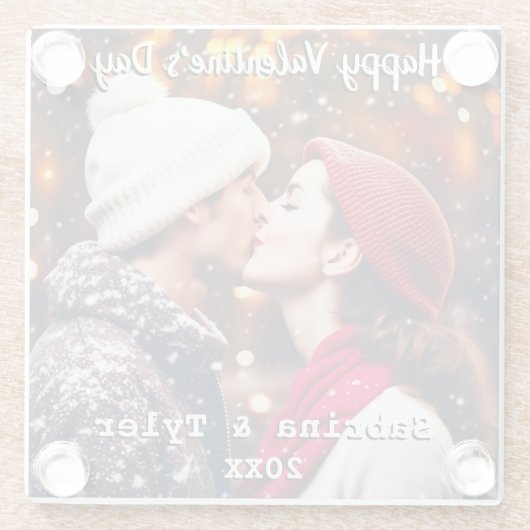 ハッピーバレンタインデーパーソナライズされたの写真と名前 ガラスコースター (裏面)