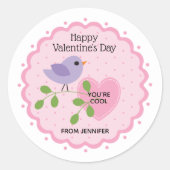 ハッピーバレンタインデーピンクハートと鳥 ラウンドシール (正面)