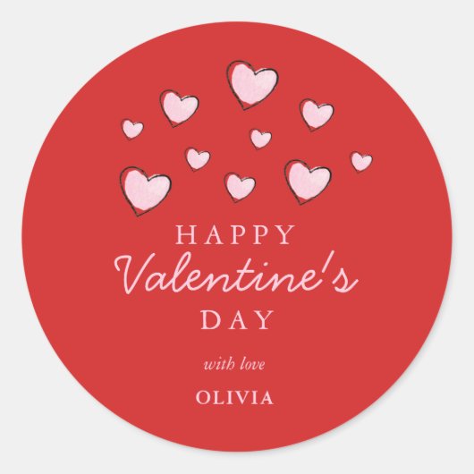 ハッピーバレンタインデーピンクハートオンレッド ラウンドシール (正面)