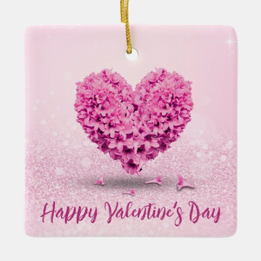 ハッピーバレンタインデーピンクヒアシントラブルハート セラミックオーナメント (正面)