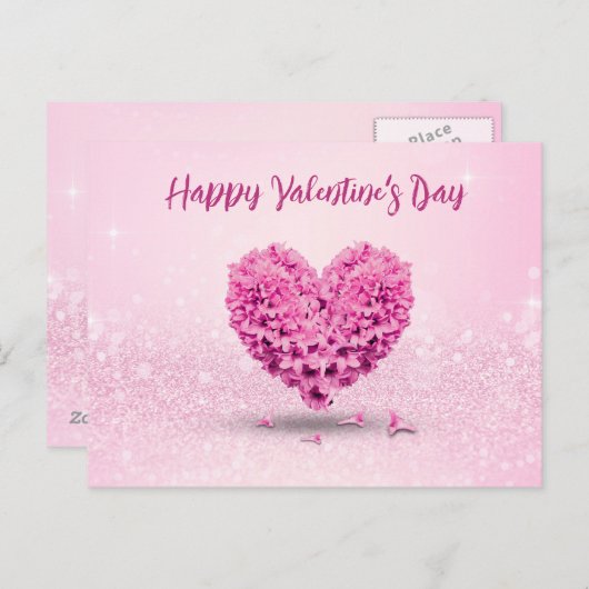 ハッピーバレンタインデーピンクヒヤシンスハートラブル ポストカード (正面/裏面)