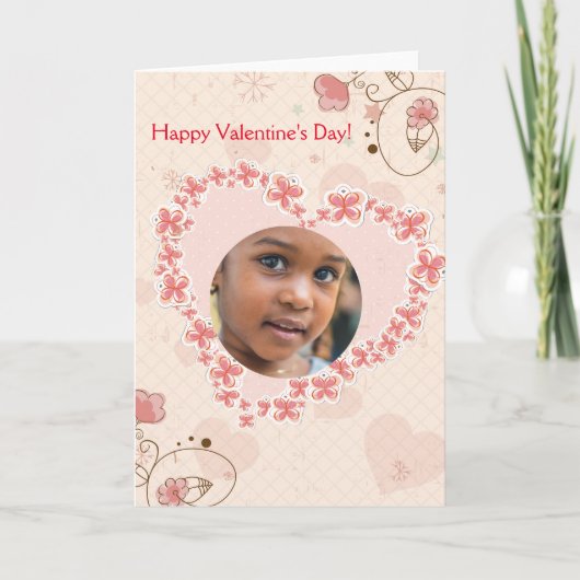 ハッピーバレンタインデーピンクフローラハート写真 シーズンカード (正面)