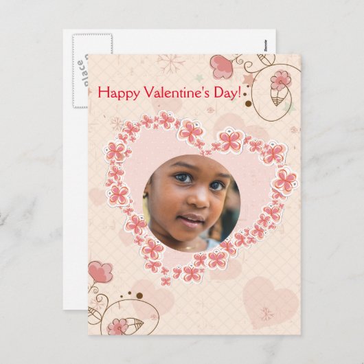 ハッピーバレンタインデーピンクフローラハート写真 シーズンポストカード (正面/裏面)