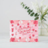 ハッピーバレンタインデーピンク赤いハート シーズンポストカード (スタンド正面)