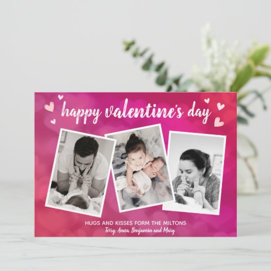 ハッピーバレンタインデーファミリー3フォトコラージュピンク シーズンカード (スタンド正面)