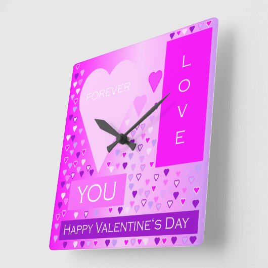 ハッピーバレンタインデーフォーエバーラブハートピンク スクエア壁時計 (傾斜)