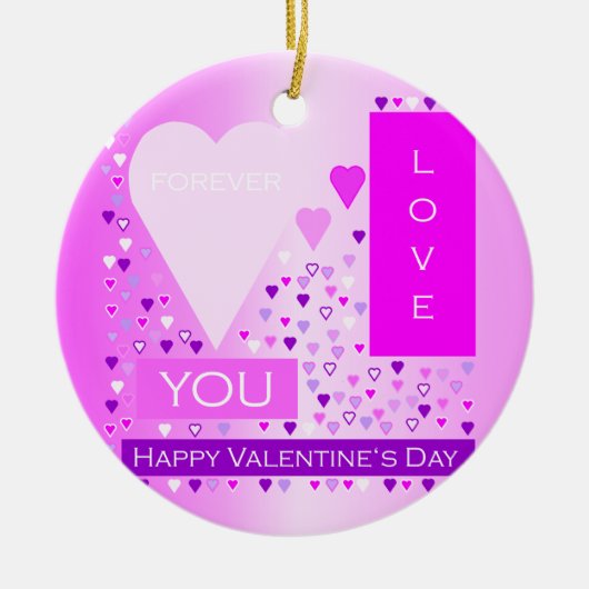 ハッピーバレンタインデーフォーエバーラブハートピンク セラミックオーナメント (正面)