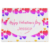 ハッピーバレンタインデーホワイトパープルとピンクのハート ラージペーパーバッグ (正面)