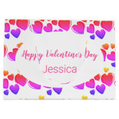 ハッピーバレンタインデーホワイトパープルとピンクのハート ラージペーパーバッグ (裏面)