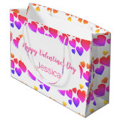 ハッピーバレンタインデーホワイトパープルとピンクのハート ラージペーパーバッグ (裏面アングル)