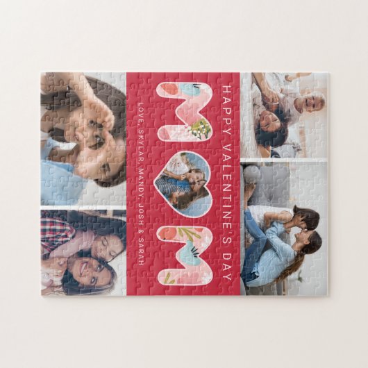 ハッピーバレンタインデーママ、フォトコラージュ&花模様 ジグソーパズル (横)
