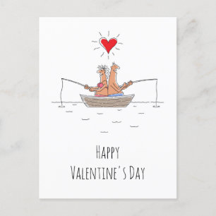 ハッピーバレンタインデーラバーズ魚釣り赤いハート ポストカード