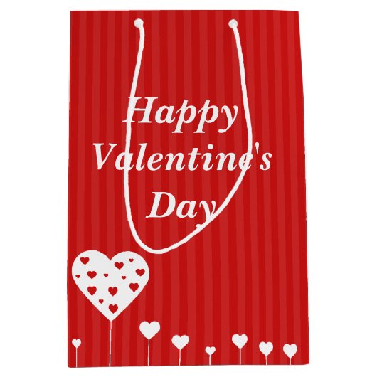 ハッピーバレンタインデーラブリーレッドホワイトハート ミディアムペーパーバッグ (正面)