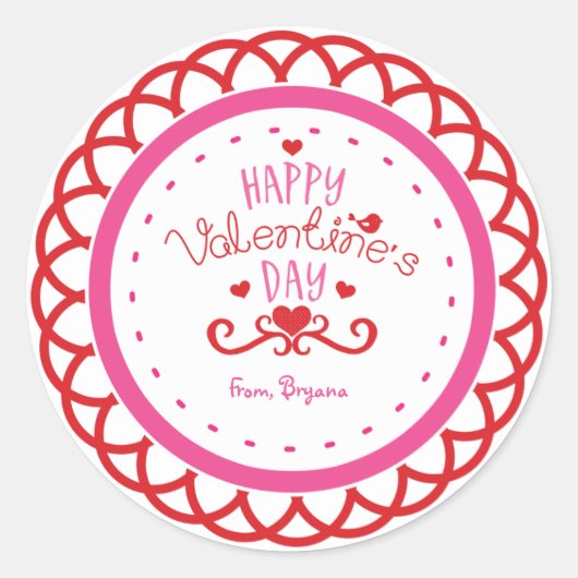 ハッピーバレンタインデーレッド&ピンクかわいいステッカー ラウンドシール (正面)