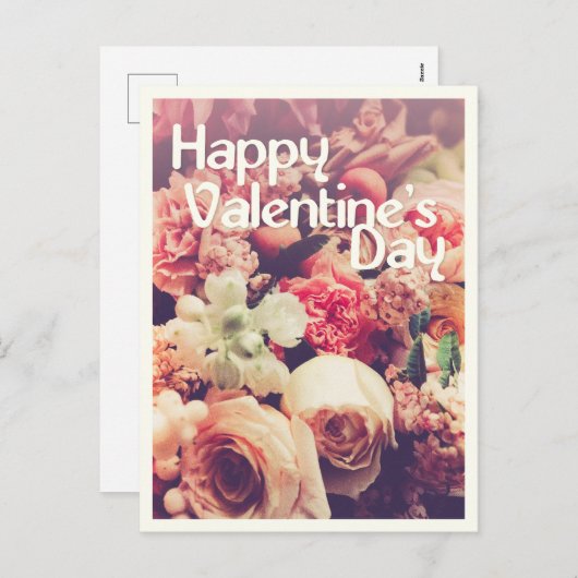 ハッピーバレンタインデー付きヴィンテージ花束 シーズンポストカード (正面/裏面)