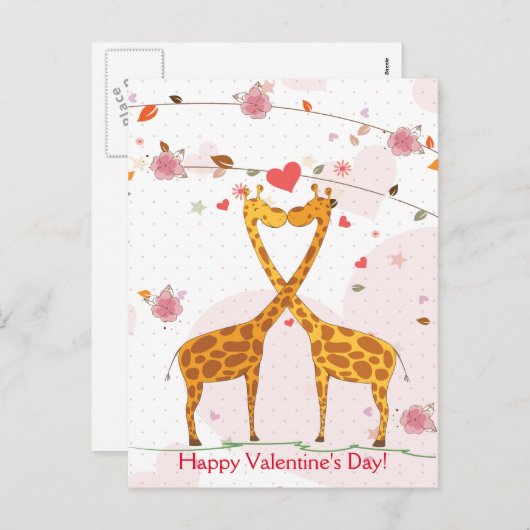 ハッピーバレンタインデー可愛いキリンの花 シーズンポストカード (正面/裏面)