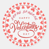ハッピーバレンタインデー名から赤いハートラブ ラウンドシール (正面)