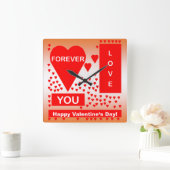 ハッピーバレンタインデー文字フォーエバーラブハートレッド スクエア壁時計 (ホーム)