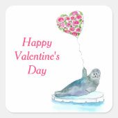 ハッピーバレンタインデー水彩印ハート スクエアシール (正面)