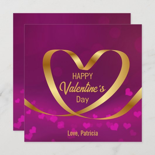 ハッピーバレンタインデー紫ハート金ゴールドリボン シーズンカード (正面/裏面)