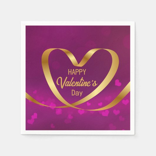ハッピーバレンタインデー紫金ゴールドハートリボン スタンダードカクテルナプキン (正面)