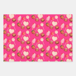 ハッピーバレンタインデー菓子およびキャンディパターン ラッピングペーパーシート