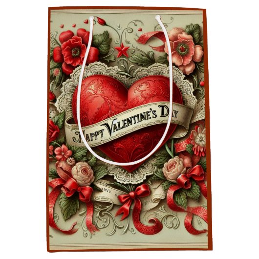 ハッピーバレンタインデー装飾イラストレーション ミディアムペーパーバッグ (正面)